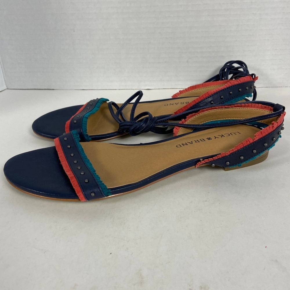 Lucky Brand Toree Navy Blue Leather Fringe Studded Lace Ankle Sandals 6M Flats - Picture 3 of 5